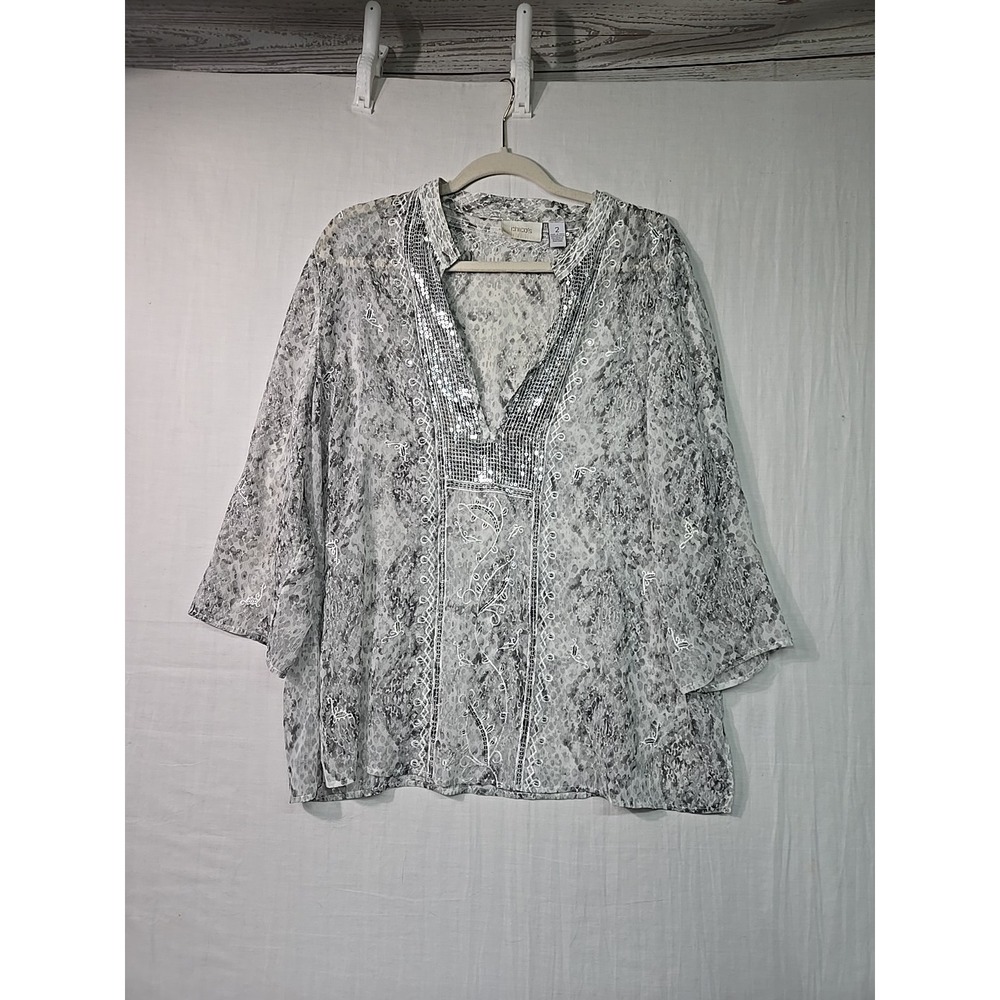 Chico's Women's 2/L‎ Sheer Top Embroidered Silver Blouse Sequins  Animal Print